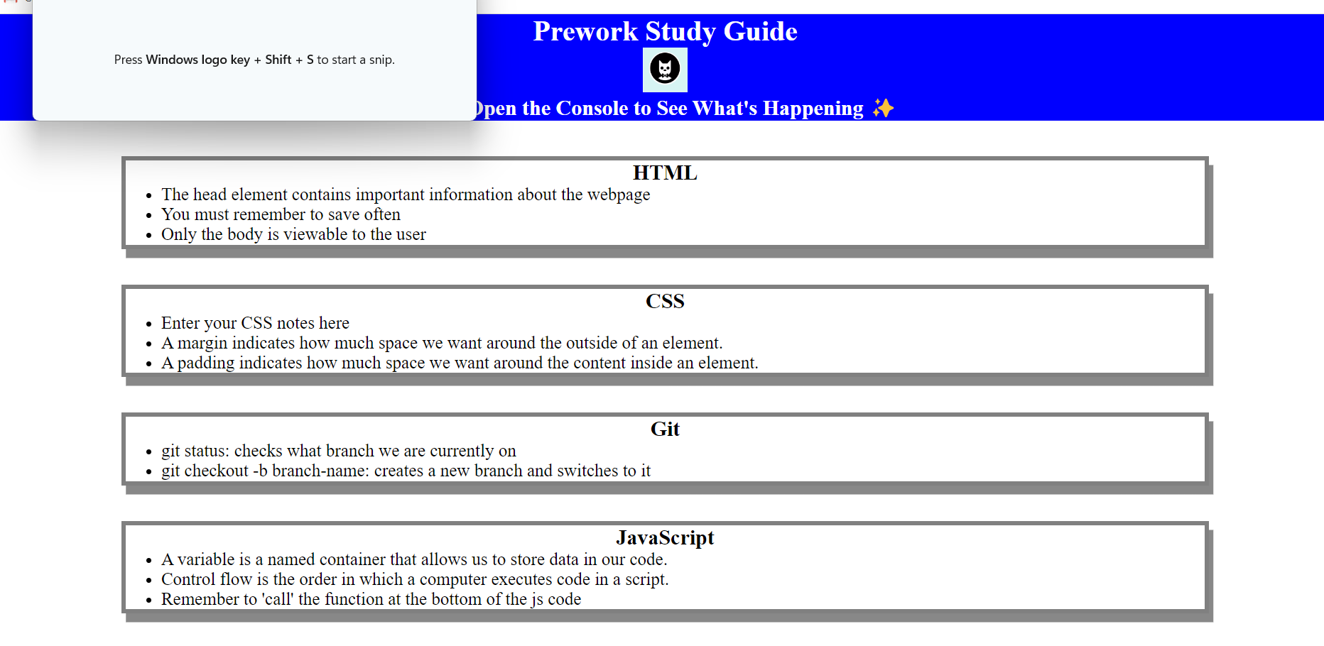 Screenshot of pre-work study guide